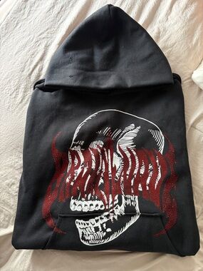PacSun Black Hoodie with White Skull and Red Flame Graphic